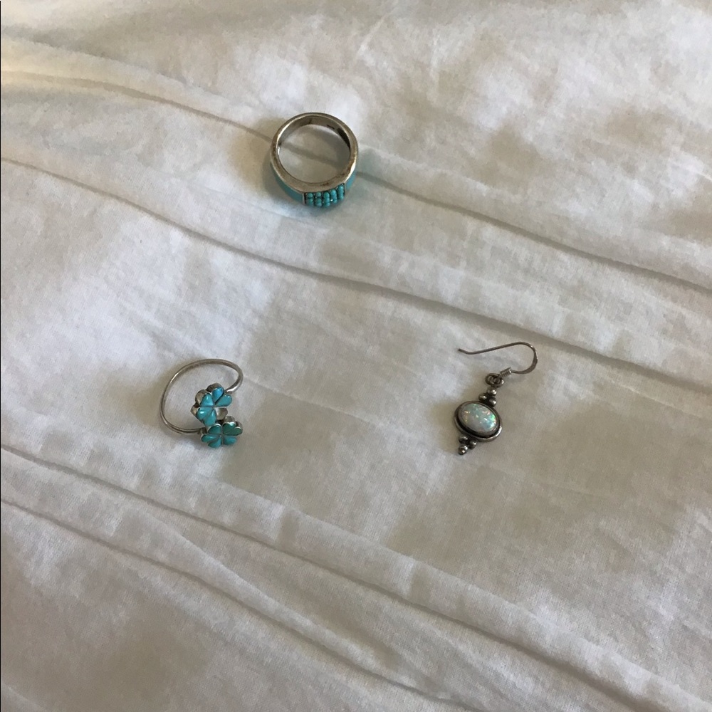 Turquoise rings and opal earring